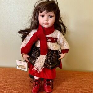 Collections Etc Porcelain Doll Winter Outfit Red Scarf Plaid Skirt Brunette 12in